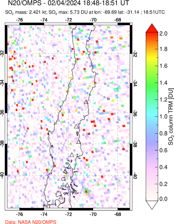 A sulfur dioxide image over Central Chile on Feb 04, 2024.