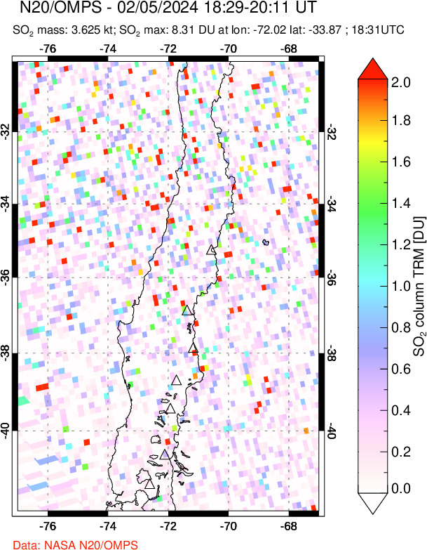 A sulfur dioxide image over Central Chile on Feb 05, 2024.