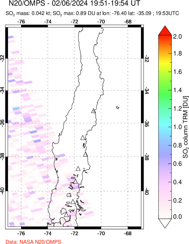 A sulfur dioxide image over Central Chile on Feb 06, 2024.