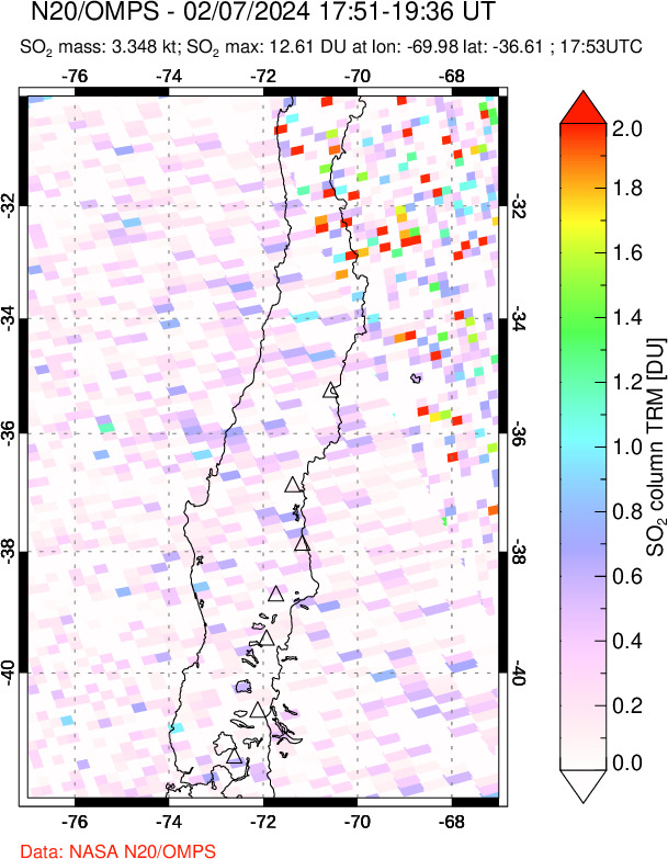 A sulfur dioxide image over Central Chile on Feb 07, 2024.