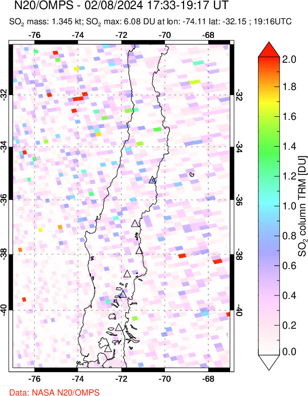 A sulfur dioxide image over Central Chile on Feb 08, 2024.