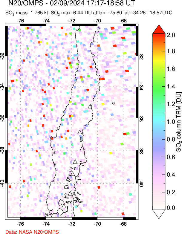 A sulfur dioxide image over Central Chile on Feb 09, 2024.