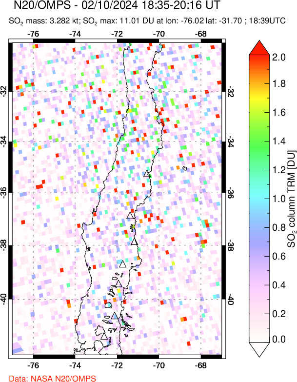 A sulfur dioxide image over Central Chile on Feb 10, 2024.