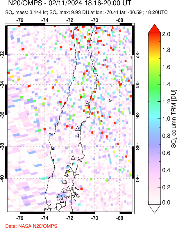 A sulfur dioxide image over Central Chile on Feb 11, 2024.