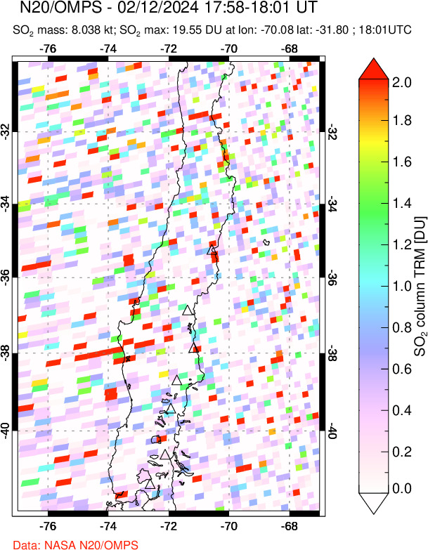 A sulfur dioxide image over Central Chile on Feb 12, 2024.