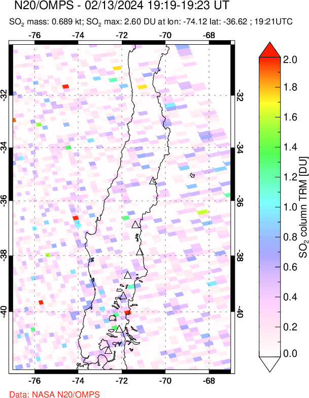 A sulfur dioxide image over Central Chile on Feb 13, 2024.