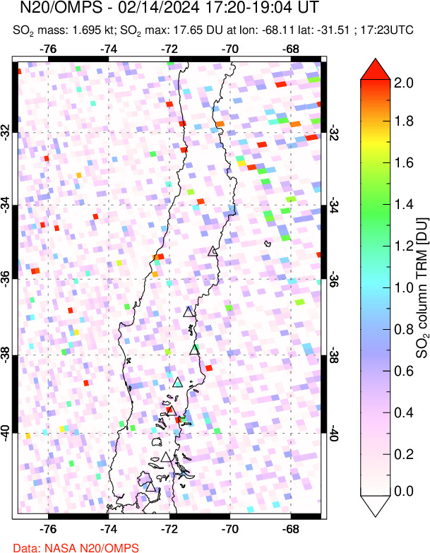 A sulfur dioxide image over Central Chile on Feb 14, 2024.