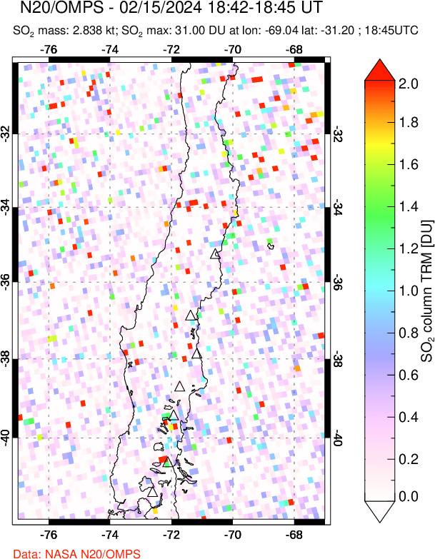 A sulfur dioxide image over Central Chile on Feb 15, 2024.