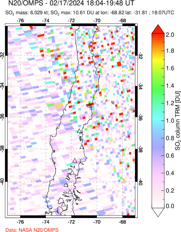 A sulfur dioxide image over Central Chile on Feb 17, 2024.