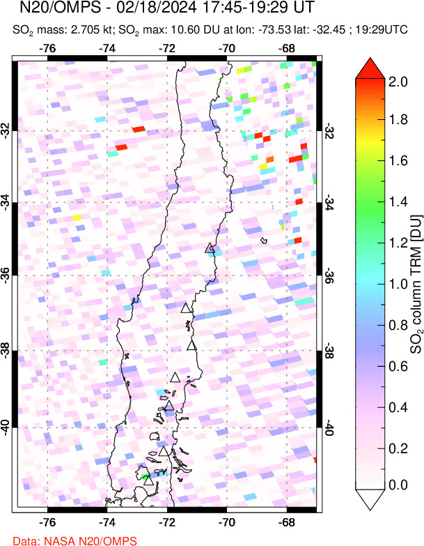 A sulfur dioxide image over Central Chile on Feb 18, 2024.