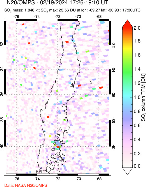 A sulfur dioxide image over Central Chile on Feb 19, 2024.