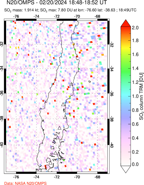 A sulfur dioxide image over Central Chile on Feb 20, 2024.