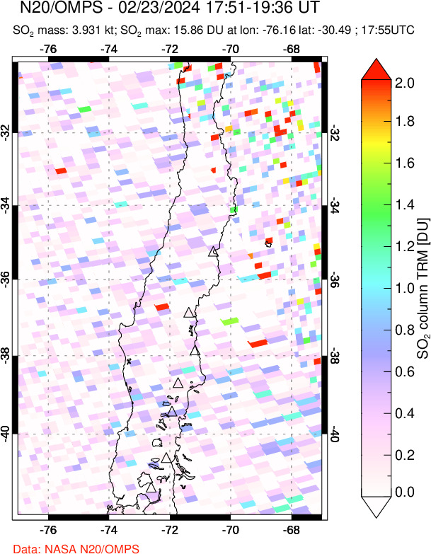 A sulfur dioxide image over Central Chile on Feb 23, 2024.