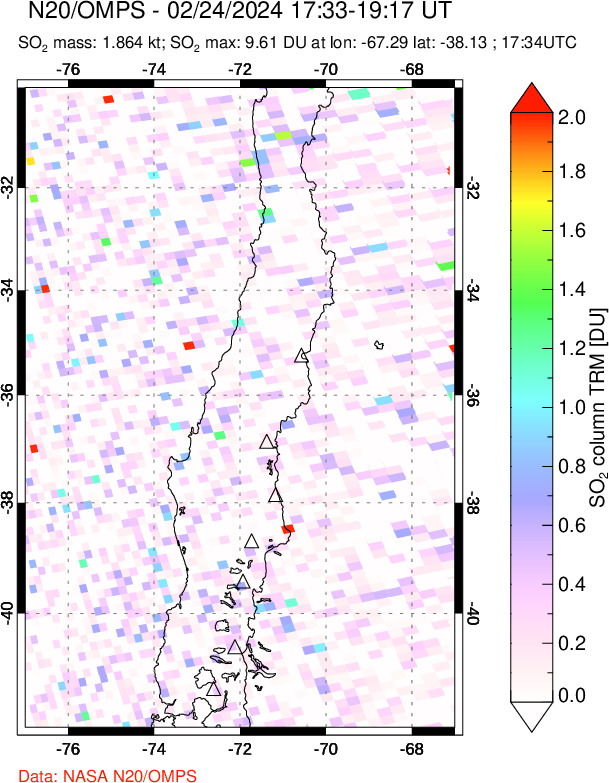 A sulfur dioxide image over Central Chile on Feb 24, 2024.