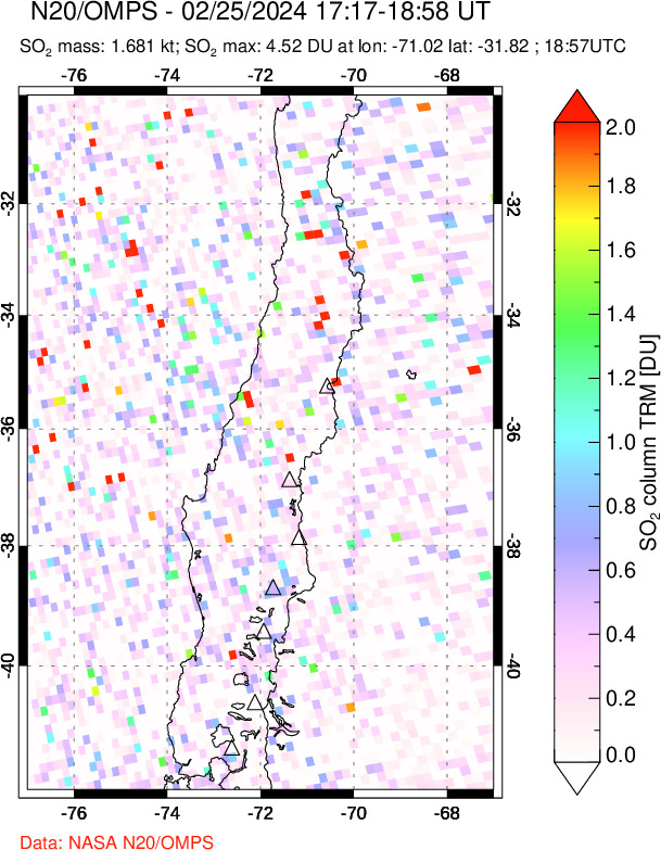 A sulfur dioxide image over Central Chile on Feb 25, 2024.