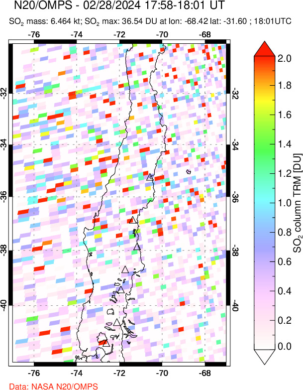 A sulfur dioxide image over Central Chile on Feb 28, 2024.