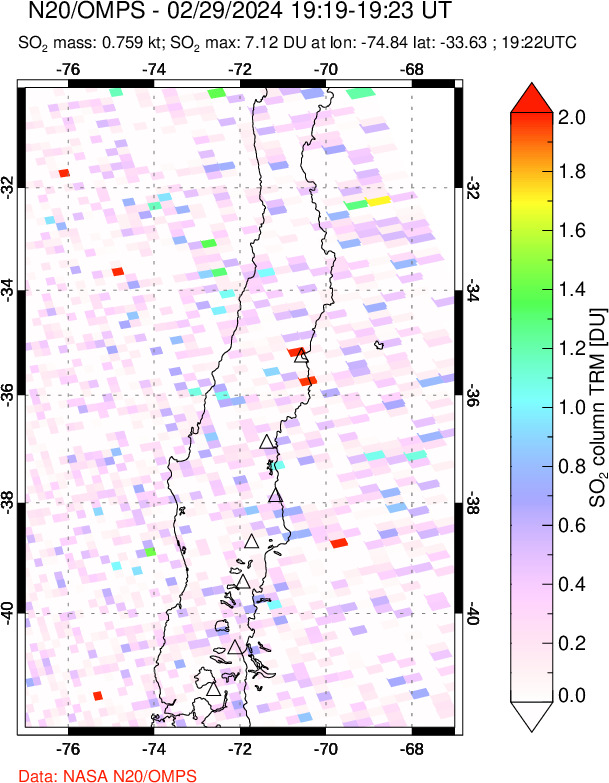 A sulfur dioxide image over Central Chile on Feb 29, 2024.