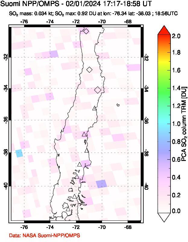 A sulfur dioxide image over Central Chile on Feb 01, 2024.