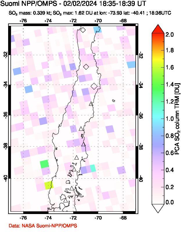 A sulfur dioxide image over Central Chile on Feb 02, 2024.