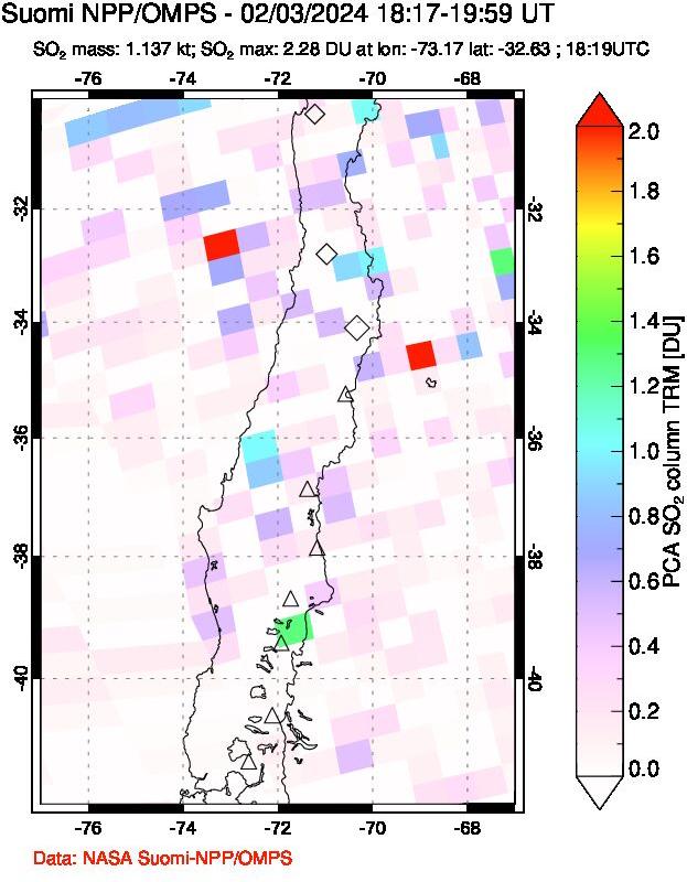 A sulfur dioxide image over Central Chile on Feb 03, 2024.