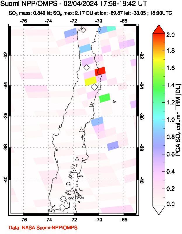 A sulfur dioxide image over Central Chile on Feb 04, 2024.