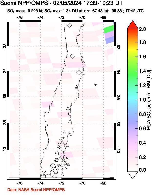 A sulfur dioxide image over Central Chile on Feb 05, 2024.