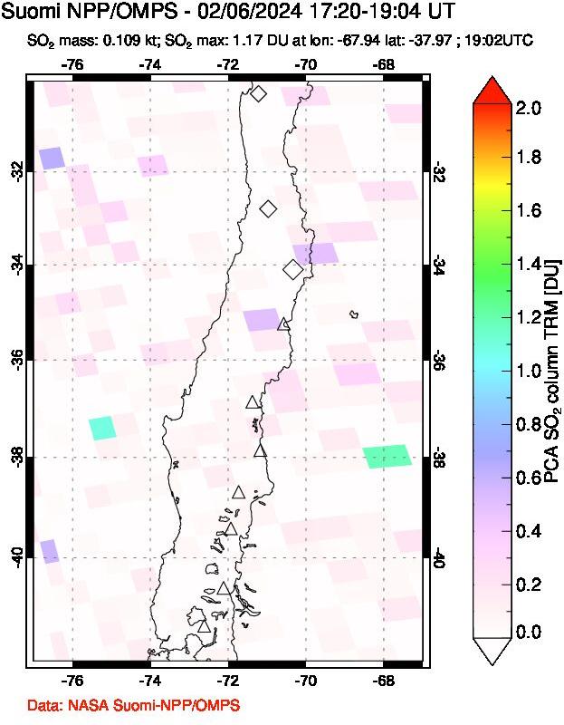 A sulfur dioxide image over Central Chile on Feb 06, 2024.