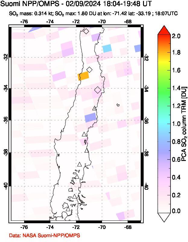 A sulfur dioxide image over Central Chile on Feb 09, 2024.