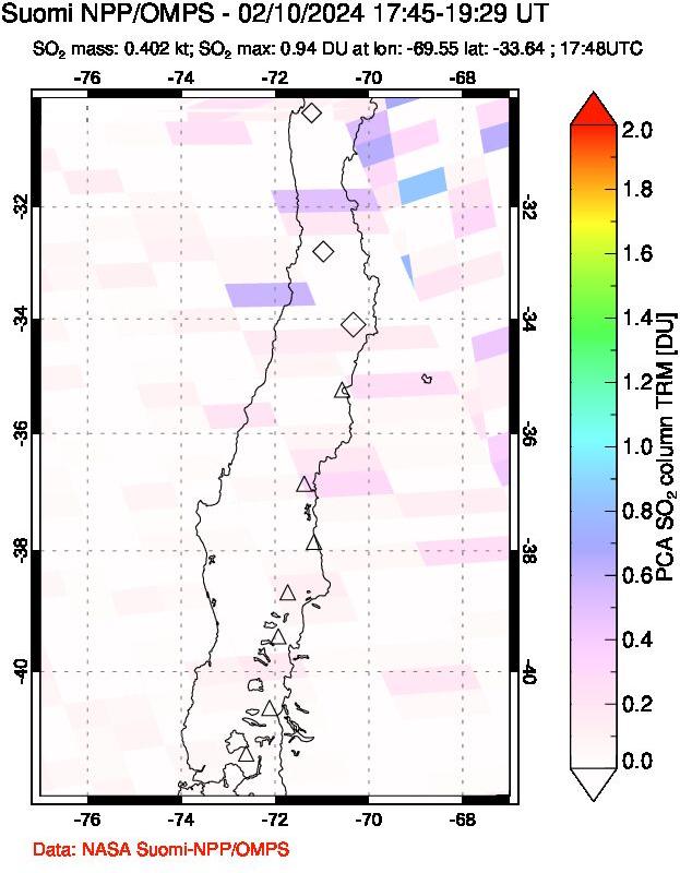 A sulfur dioxide image over Central Chile on Feb 10, 2024.