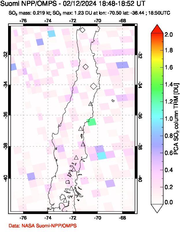 A sulfur dioxide image over Central Chile on Feb 12, 2024.