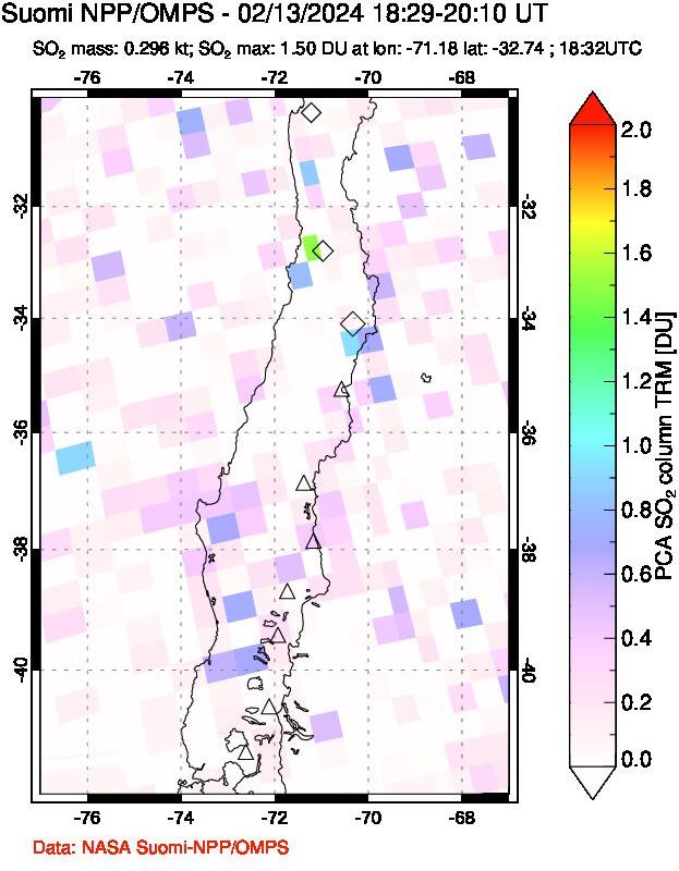 A sulfur dioxide image over Central Chile on Feb 13, 2024.