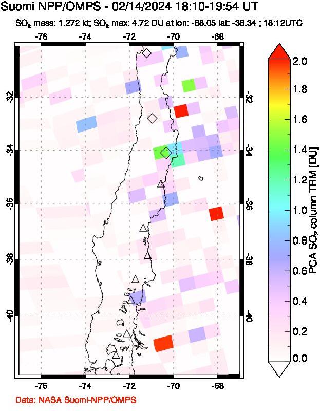 A sulfur dioxide image over Central Chile on Feb 14, 2024.