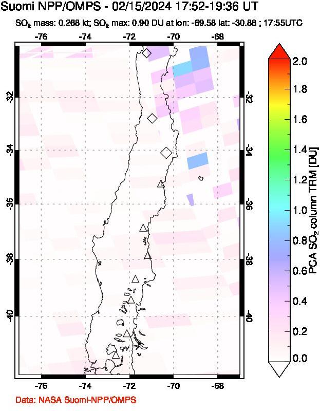 A sulfur dioxide image over Central Chile on Feb 15, 2024.