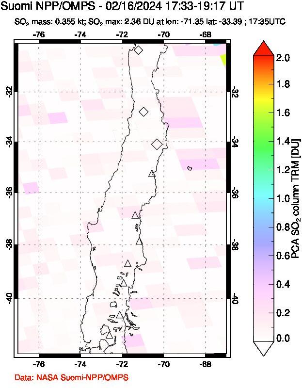 A sulfur dioxide image over Central Chile on Feb 16, 2024.