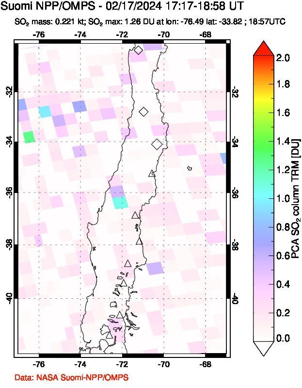 A sulfur dioxide image over Central Chile on Feb 17, 2024.