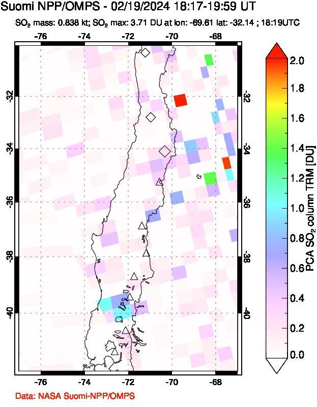 A sulfur dioxide image over Central Chile on Feb 19, 2024.