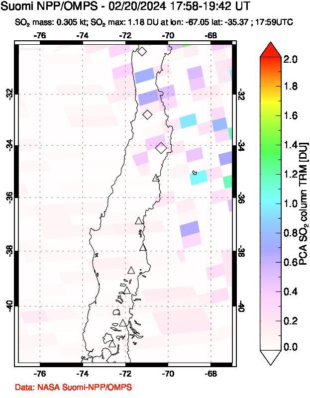 A sulfur dioxide image over Central Chile on Feb 20, 2024.