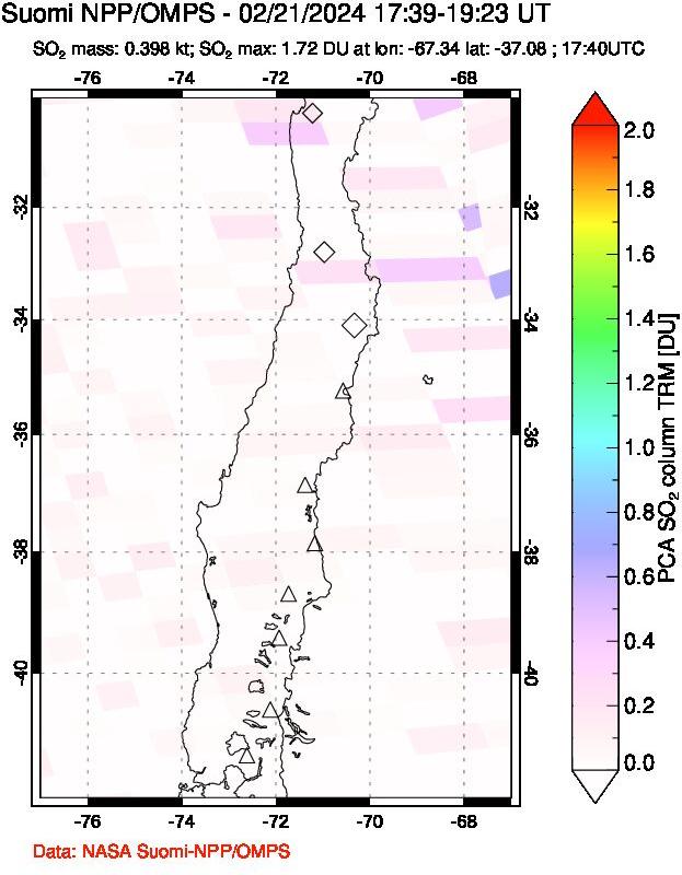 A sulfur dioxide image over Central Chile on Feb 21, 2024.