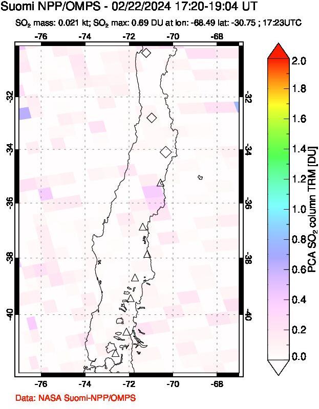 A sulfur dioxide image over Central Chile on Feb 22, 2024.