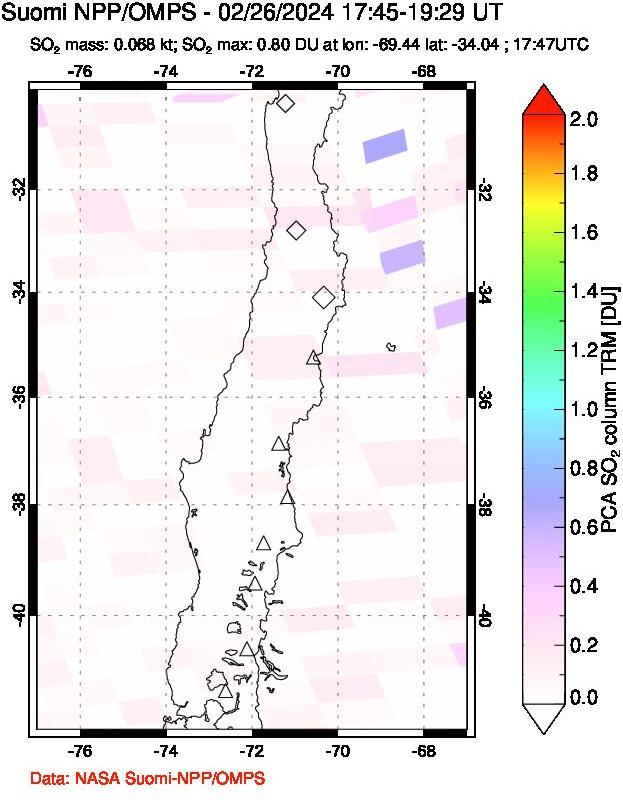 A sulfur dioxide image over Central Chile on Feb 26, 2024.