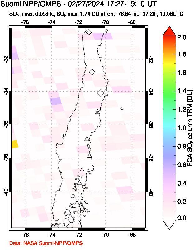 A sulfur dioxide image over Central Chile on Feb 27, 2024.