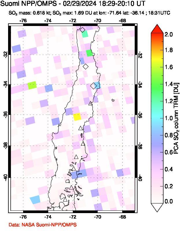 A sulfur dioxide image over Central Chile on Feb 29, 2024.