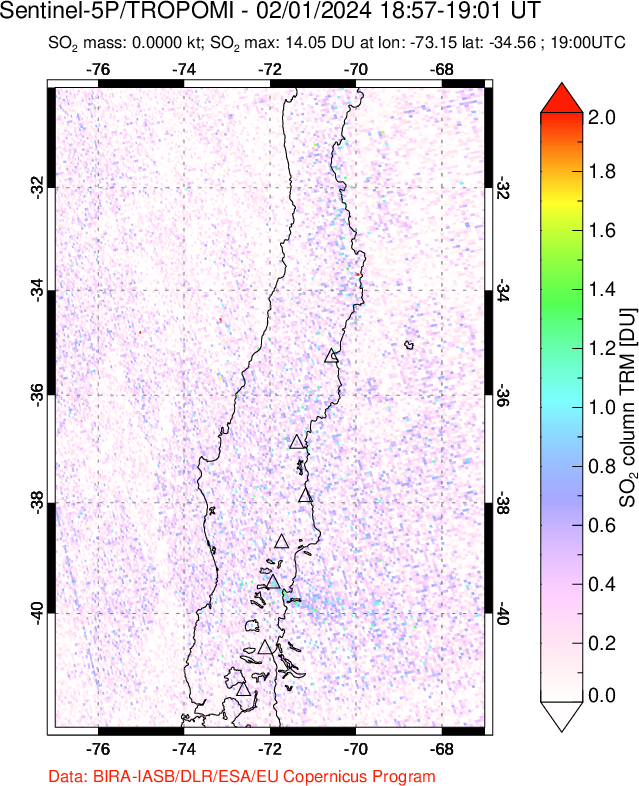 A sulfur dioxide image over Central Chile on Feb 01, 2024.