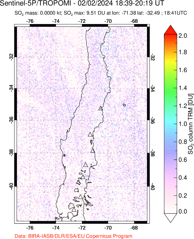 A sulfur dioxide image over Central Chile on Feb 02, 2024.