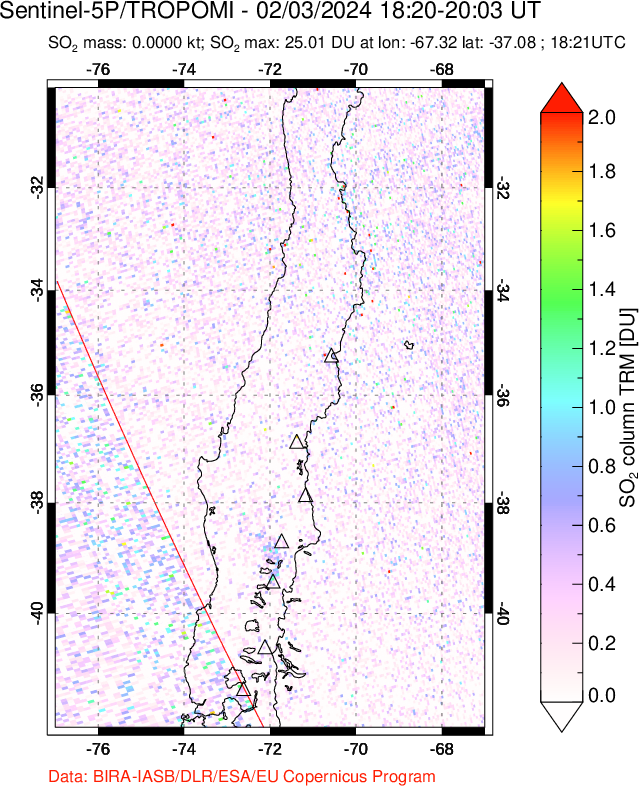 A sulfur dioxide image over Central Chile on Feb 03, 2024.