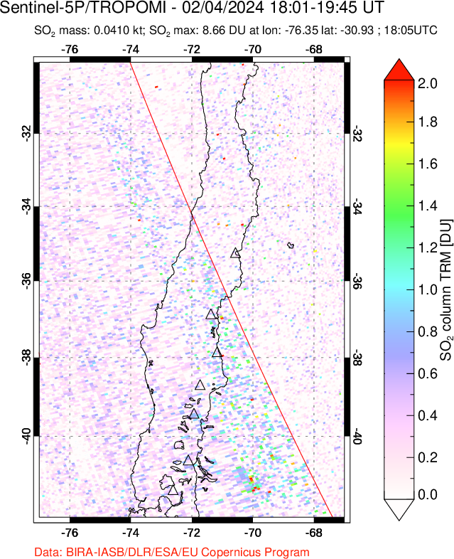 A sulfur dioxide image over Central Chile on Feb 04, 2024.