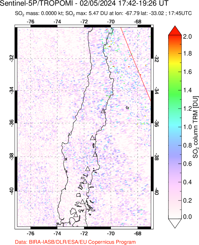 A sulfur dioxide image over Central Chile on Feb 05, 2024.