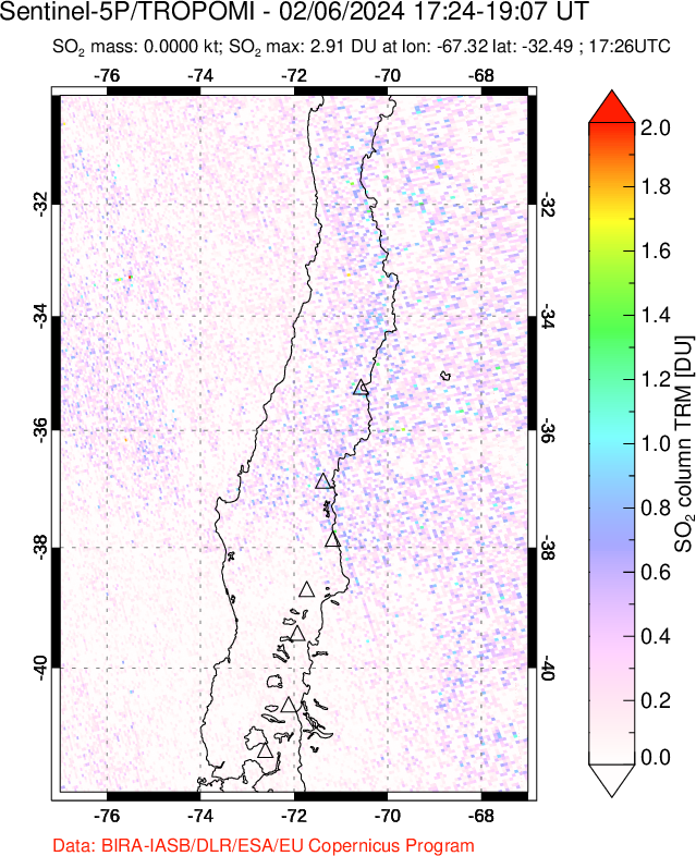 A sulfur dioxide image over Central Chile on Feb 06, 2024.