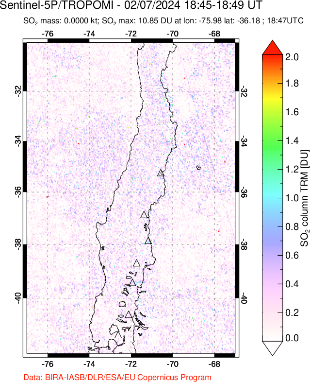 A sulfur dioxide image over Central Chile on Feb 07, 2024.