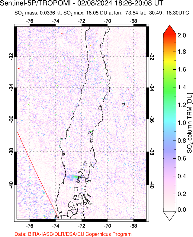 A sulfur dioxide image over Central Chile on Feb 08, 2024.